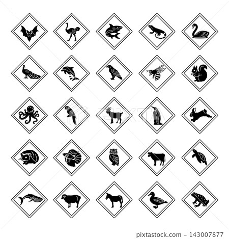 Animal Crossing Road Signs. Vector Icons Bat, Ostrich, Shark, Iguana, Swan, Peacock, Dolphin, Eagle, Bee, Squirrel, Octopus, Parrot, Goat, Penguin, Rabbit, and Others Animal Crossing Road Signs. Vector Icons Bat, Ostrich, Shark, Iguana, Swan, Peacock, Dolphin, Eagle, Bee, Squirrel, Octopus, Parrot, Goat, Penguin, Rabbit, and Others 143007877