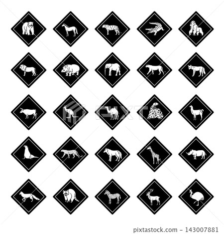 Black Road Signs Wild Animal Crossing. Vector Icons Bear, Horse, Tiger, Crocodile, Gorilla, Lion, Hippopotamus, Elephant, Panther, Coyote, Bull, Kangaroo, Camel, Snake, Llama, and Others Black Road Signs Wild Animal Crossing. Vector Icons Bear, Horse, Tiger, Crocodile, Gorilla, Lion, Hippopotamus, Elephant, Panther, Coyote, Bull, Kangaroo, Camel, Snake, Llama, and Others 143007881