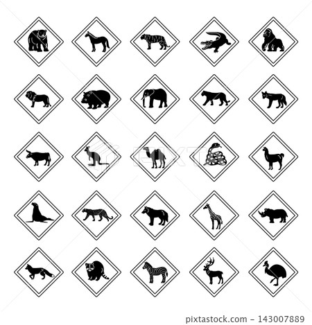 Road Signs Wild Animal Crossing. Vector Icons Bear, Horse, Tiger, Crocodile, Gorilla, Lion, Hippopotamus, Elephant, Panther, Coyote, Bull, Kangaroo, Camel, Snake, Llama, and Others 143007889