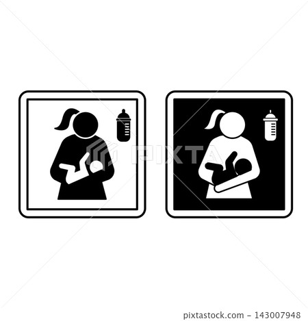 Lactating Room Signs. Black and White Vector Icons. Mother, Baby, and Feeding Bottle. Hospital Ward Sign Lactating Room Signs. Black and White Vector Icons. Mother, Baby, and Feeding Bottle. Hospital Ward Sign 143007948