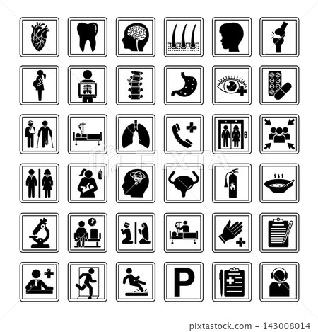 Hospital Signs. Vector Icons: Cardiology, Dentistry, Neurology, Dermatology, Urology, Pediatrics, Ophthalmology, Gynecology, Orthopedics, Psychiatry, Traumatology, Ambulance, and Others Hospital Signs. Vector Icons: Cardiology, Dentistry, Neurology, Dermatology, Urology, Pediatrics, Ophthalmology, Gynecology, Orthopedics, Psychiatry, Traumatology, Ambulance, and Others 143008014