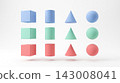 A collection of levitating 3D geometric shapes including a cube, sphere, cylinder, and cone in soft pastel tones, isolated on a white background. 143008041