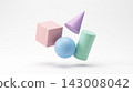 A collection of levitating 3D geometric shapes including a cube, sphere, cylinder, and cone in soft pastel tones, isolated on a white background. 143008042