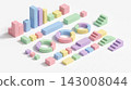 A balanced group of geometric 3D blocks, tiered cylinders, and interlocking rings for modular infographic design, isolated on a white background. 143008044