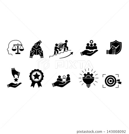 Black Set of Core Values Icons. Vector Icons Commitment, Innovation, Customers, Teamwork, Honesty, Goals, Responsibility, Reliability, Quality, and Inclusion Black Set of Core Values Icons. Vector Icons Commitment, Innovation, Customers, Teamwork, Honesty, Goals, Responsibility, Reliability, Quality, and Inclusion 143008092