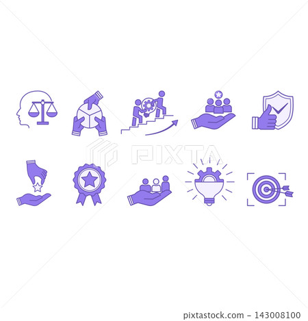 Colored Set of Core Values Icons. Vector Icons Commitment, Innovation, Customers, Teamwork, Honesty, Goals, Responsibility, Reliability, Quality, and Inclusion Colored Set of Core Values Icons. Vector Icons Commitment, Innovation, Customers, Teamwork, Honesty, Goals, Responsibility, Reliability, Quality, and Inclusion 143008100
