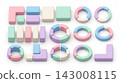 A balanced group of geometric 3D blocks, tiered cylinders, and interlocking rings for modular infographic design, isolated on a white background. 143008115