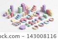 A balanced group of geometric 3D blocks, tiered cylinders, and interlocking rings for modular infographic design, isolated on a white background. 143008116