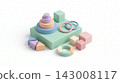 A balanced group of geometric 3D blocks, tiered cylinders, and interlocking rings for modular infographic design, isolated on a white background. 143008117