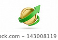 A volumetric 3D icon of a green arrow spiraling upward around a shiny gold coin, isolated on a white background. 143008119