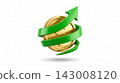 A volumetric 3D icon of a green arrow spiraling upward around a shiny gold coin, isolated on a white background. 143008120
