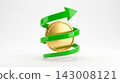 A volumetric 3D icon of a green arrow spiraling upward around a shiny gold coin, isolated on a white background. 143008121