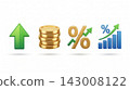 A set of four 3D finance icons in a row featuring upward trending arrows, stacked coins, and percentage symbols, isolated on a white background. 143008122