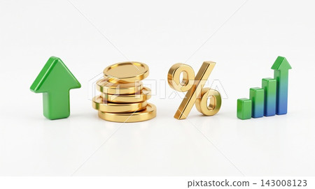 A set of four 3D finance icons in a row featuring upward trending arrows, stacked coins, and percentage symbols, isolated on a white background. A set of four 3D finance icons in a row featuring upward trending arrows, stacked coins, and percentage symbols, isolated on a white background. 143008123