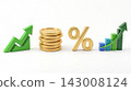 A set of four 3D finance icons in a row featuring upward trending arrows, stacked coins, and percentage symbols, isolated on a white background. 143008124