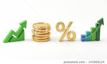 A set of four 3D finance icons in a row featuring upward trending arrows, stacked coins, and percentage symbols, isolated on a white background. A set of four 3D finance icons in a row featuring upward trending arrows, stacked coins, and percentage symbols, isolated on a white background. 143008124