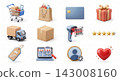 A grid of six glossy 3D e-commerce icons in two rows including a shopping cart, bag, delivery box, tag, credit card, and star, isolated on a white background. 143008160