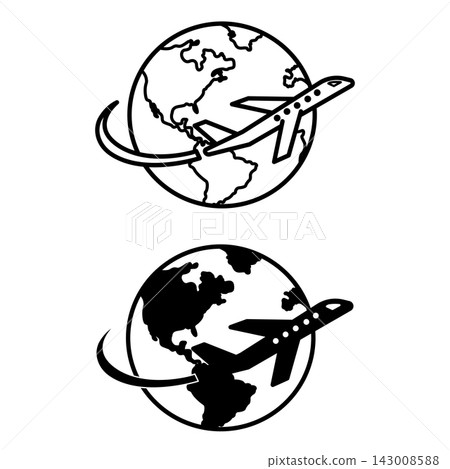 Flight icons. Black and White Vector Icons of a Flying Airplane Around the Planet. Travel and Tourism. Transport Concept Flight icons. Black and White Vector Icons of a Flying Airplane Around the Planet. Travel and Tourism. Transport Concept 143008588