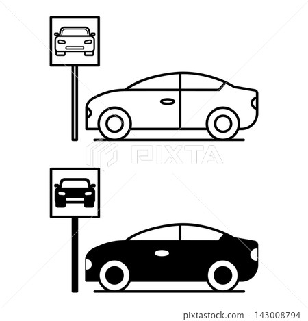 Parking Icons. Black and White Vector Icons. Road Sign and Car. Temporary Stop of Vehicle. Road Concept Parking Icons. Black and White Vector Icons. Road Sign and Car. Temporary Stop of Vehicle. Road Concept 143008794