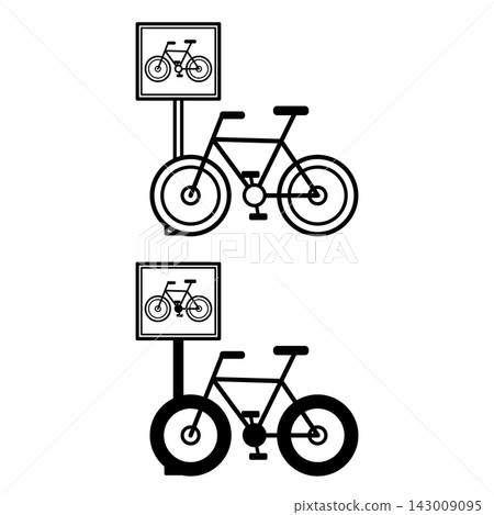 Bike Parking Icons. Black and White Vector Icons. Sports Bicycle and Parking Sign. Temporary Vehicle Parking. Road Concept Bike Parking Icons. Black and White Vector Icons. Sports Bicycle and Parking Sign. Temporary Vehicle Parking. Road Concept 143009095