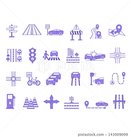 Color Road Icon Set. Vector Icons City, Sign, Street, Parking, Route, Traffic Light, Pedestrian Crossing, Car Accident, Camera, Barrier, Crossroad and More 143009099