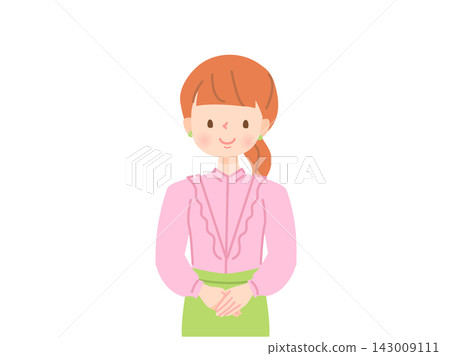 An illustration of a young woman smiling and greeting. An illustration of a young woman smiling and greeting. 143009111