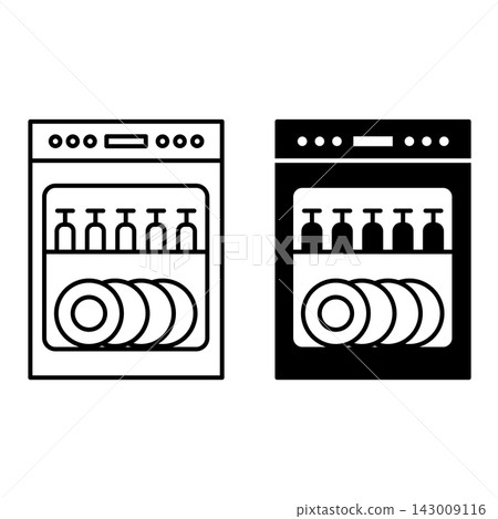 Dishwasher Icons. Black and White Vector Illustration. Electromechanical Installation for Automatic Dish Washing. Household Appliances Concept 143009116