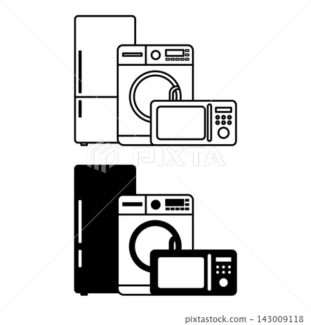 Home Appliances Icons. Black and White Vector Illustrations. Refrigerator, Washing Machine, and Microwave Oven. Devices and Equipment for Home Home Appliances Icons. Black and White Vector Illustrations. Refrigerator, Washing Machine, and Microwave Oven. Devices and Equipment for Home 143009118