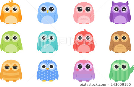 Collection of colorful cartoon owls on vector silhouette design Collection of colorful cartoon owls on vector silhouette design 143009190
