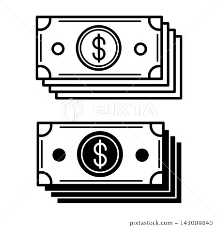 Cash icons. Black and White Vector Icons of Dollar Bills. Business and Finance Concept 143009840