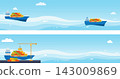 Sea barge loads cargo at port. Sea transportation logistic. Maritime shipping. Vector cartoon illustration isolated on white background. 143009869