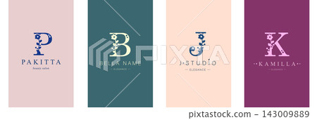 Logo P, J, capital letter B, K. Monogram of Botanical Minimalistic, Initial. with Organic Plant Elements. Logo P, J, capital letter B, K. Monogram of Botanical Minimalistic, Initial. with Organic Plant Elements. 143009889