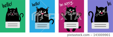 The notebook. exercise book. A cute cat is sitting with an attentive gaze. A black cat or a kitty. Vector animation illustration in a flat style. copybook. Good mood. The notebook. exercise book. A cute cat is sitting with an attentive gaze. A black cat or a kitty. Vector animation illustration in a flat style. copybook. Good mood. 143009901