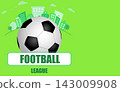 silhouette, soccer ball. Soccer Template design , Football banner, Sport layout design. standing near the center line on the green field. vector illustration 143009908
