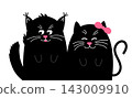 A cute cat is sitting, Mysterious and graceful. A black cat and a kitty. Vector animation illustration in a flat style. 143009910