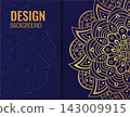 banner with gold beautiful mandala. Golden flower on dark background. Decorative ornate round mandala. Invitation, wedding card. 143009915