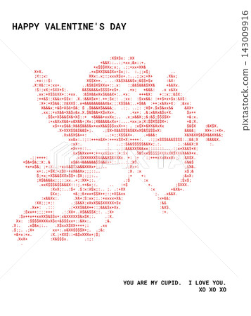 Valentine's Day ASCII Art Greeting with Cupid, Romantic Love Message and Pixel Character Design on White Background for Valentine Card and Love Celebration 143009916