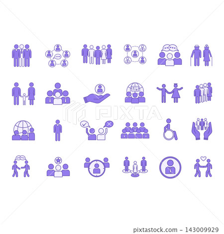 Colored Set of People Icons. Vector Icons of Population, Teams, Family, Children, Seniors, Group, Humanity and Other Colored Set of People Icons. Vector Icons of Population, Teams, Family, Children, Seniors, Group, Humanity and Other 143009929