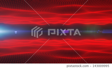 Abstract red digital particle wave with glowing dotted grids, dark horizon, and futuristic light streaks. 143009995