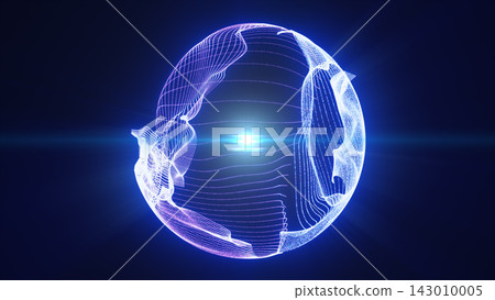 Futuristic blue and violet wireframe sphere with glowing contours and central light flare on a dark background, representing digital energy and connectivity. 143010005
