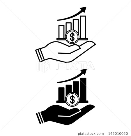 Icons Increase Revenue. Black and White Vector Icons. Profit Growth Chart and Human Hand. Business and Finance Concept 143010030