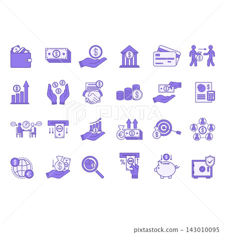 Colored Set of Finance Icons. Vector Icons of Money, Credit Cards, Lender, Increasing Income, Budget, Deposit, Withdrawing Money, Financial Monitoring, Bank, Mutual Fund, and Other Colored Set of Finance Icons. Vector Icons of Money, Credit Cards, Lender, Increasing Income, Budget, Deposit, Withdrawing Money, Financial Monitoring, Bank, Mutual Fund, and Other 143010095