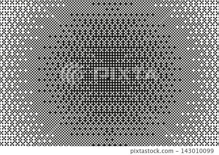 Pixel bitmap texture with 8-bit halftone effects. Abstract black and white pixelated dither pattern. Retro dotted noise geometric print with dark circle shape and transition. Vector illustration. 143010099