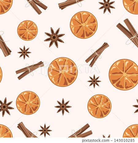 Cozy Christmas spice seamless pattern with cinnamon sticks star anise and dried orange slices vector background for holiday paper Cozy Christmas spice seamless pattern with cinnamon sticks star anise and dried orange slices vector background for holiday paper 143010285