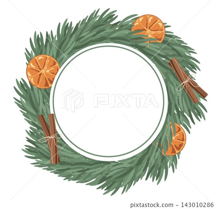 Flat lay Christmas wreath with cinnamon sticks and dried orange isolated on white background cozy eco pine branch circle frame vector holiday card Flat lay Christmas wreath with cinnamon sticks and dried orange isolated on white background cozy eco pine branch circle frame vector holiday card 143010286