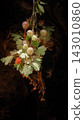 Gooseberry branch with ripening translucent berries and pale green leaves against dark background with dramatic orange smoke swirls in moody botanical still life 143010860