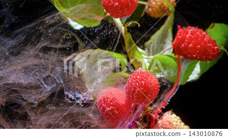 Closeup raspberries with leaves suspended in swirling liquid and glittery bubbles Closeup raspberries with leaves suspended in swirling liquid and glittery bubbles 143010876