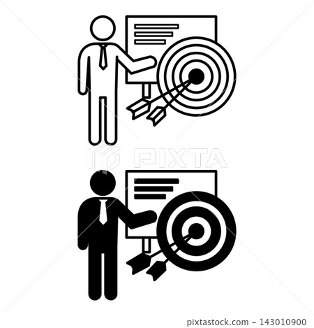 Icons Objectives. Black and White Vector Icons. Manager Explaining the Main Goals of the Campaign. Business and Management Concept Icons Objectives. Black and White Vector Icons. Manager Explaining the Main Goals of the Campaign. Business and Management Concept 143010900