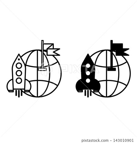 Mission Icons. Black and White Vector Icons. Planet, Flag, and Rocket Taking Off. Management Concept 143010901