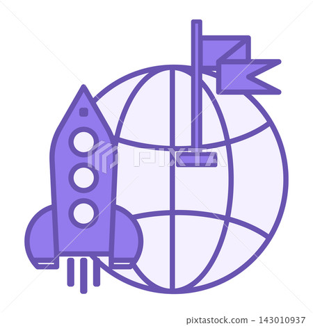 Colored Mission Icon. Vector Icon of Planet, Flag, and Rocket Taking Off. Management Concept Colored Mission Icon. Vector Icon of Planet, Flag, and Rocket Taking Off. Management Concept 143010937